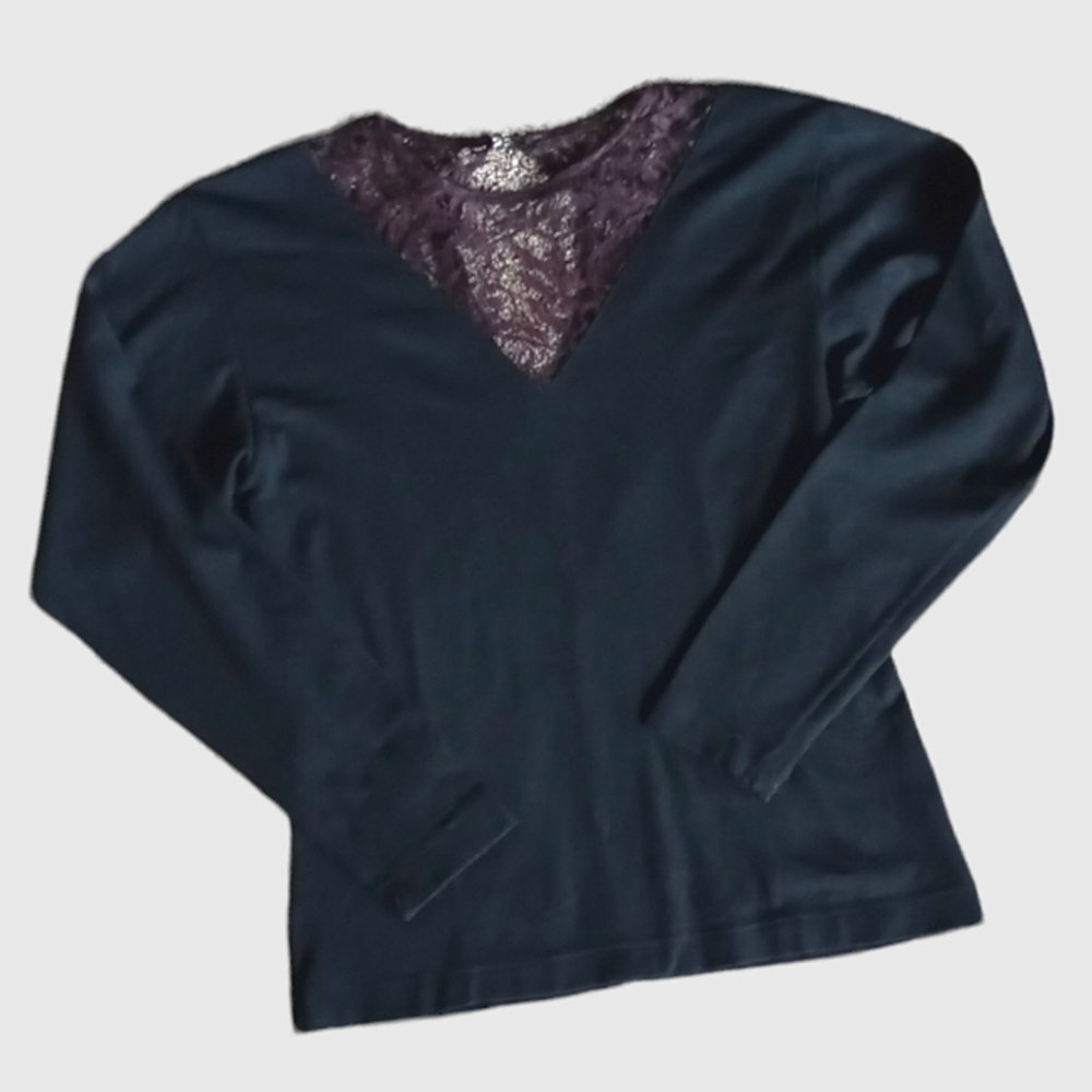 Vintage Carole Little Black Knit Sweater with Brown Lace Neckline